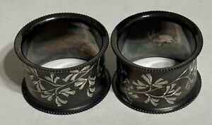 Pair Of Antique Silver Plate Napkin Rings Floral Decoration
