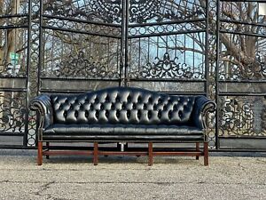 Vintage Camelback Tufted Leather Chesterfield Sofa In Black