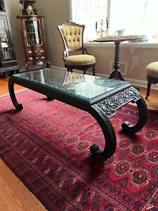Amazing Handwork Antique Wood Carved Low Arched Table Coffee Table W Glass Top