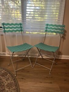 2 Vintage 1980s Post Modern French Folding Chairs Teal Blue