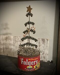 Grubby Primitive Christmas Tree Old Folgers Coffee Tin Can Ooak Folk Art Gp