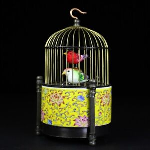 Collect Chinese Cloisonn Bronze Two Birds Birdcage Column Mechanical Desk Clock
