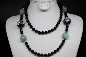 32 Chinese Jade Black Onyx Cloisonne Enameled Gold Tone Spacer Bead Necklace
