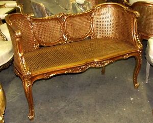Ornate French Louis Xv Caned Cane Corbeille Settee Canap 