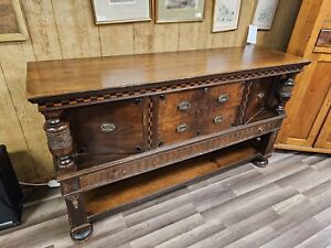 Antique Oak Sideboard Cabinet W Carved Columns Checkered Inlay 3 Drawers