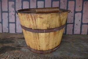 Antique Primitive 19th Wood Stave Swing Handle Pail Bucket Original Yellow Paint