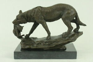 Signed Barye Wolf With Cub Bronze Sculpture Statue Marble Base Figurine Art Gift