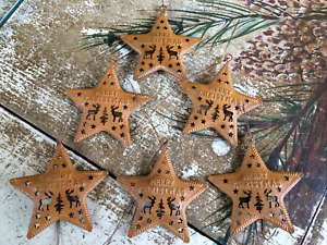 Set 6 Puffy Reindeer Heart Rusty Barn Stars Star 2 75 Metal Ornaments 70mm