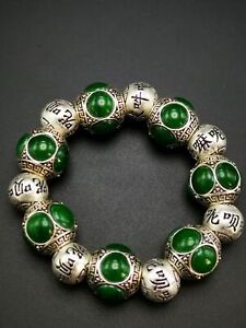 Old Miao Silver Carved Flower Inlaid Red Green Jade Cloisonne Bracelet Tibet Zm 