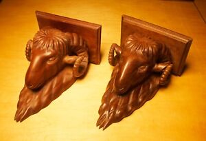 Antique Black Forest Ram Head Carved Wall Shelves A Pair