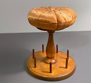 Antique Vintage Shaker Treen Sewing Stand Silk Pin Cushion Spool Thread Holder