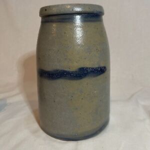 Antique Primitive 19c Wax Seal Top Salt Glaze Pottery Crock 3 Striper