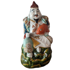 Antique Japanese Kutani Porcelain Statue Figure Of Ebisu Lucky God Holding Fish