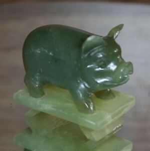 Jade Stone Show Pig Figurine Vtg Genuine Hand Carved Natural Green 2 Piece Euc 