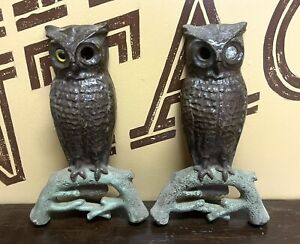 Antique Set Cast Iron Owl Fireplace Andirons Antique Fire Dogs 407e