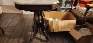 Antique Eastlake Carved Walnut Burl Marble Top Parlor Table Circa 1890