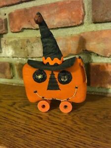 Primitive Ooak Halloween Jack O Lantern Jol W Witch Hat On Thread Spools
