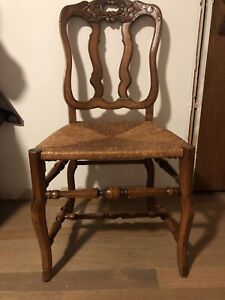 Set 6 Antique French Country Carved Wood Back Dining Chairs Rush Seat And Table 