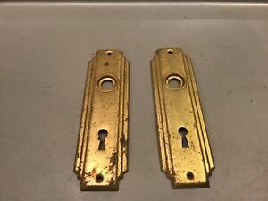 Vintage Set Of 2 Door Knob Back Plate Skeleton Key Lock Brass Plated