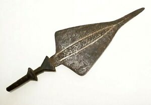 19th C Tetela Congo Africa Ceremonial Tooled Iron Spear Head W Carved Handle