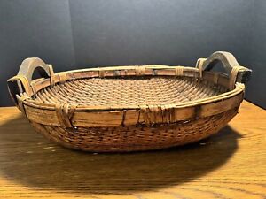 Antique Chinese Woven Willow Basket With Wood Handles
