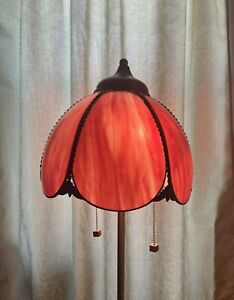 Antique Brass 6 Panel Tulip Slag Glass Lamp Shade Tiffany Style Pink White