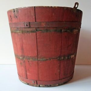 Antique Wooden Firkin Sugar Bucket With Metal Bands Hanging Hook