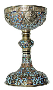  19c Russian Imperial Faberge Chalice Goblet Jesus Holy Grail Cross Icon Enamel