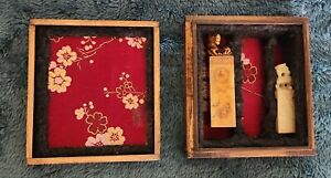2 Vintage Japanese Hand Carved Seals With Ink Set In Wooden Box