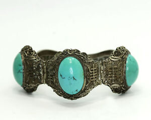 Antique Chinese Export Sterling Turquoise Filigree Symbol Hinged Bracelet 7 