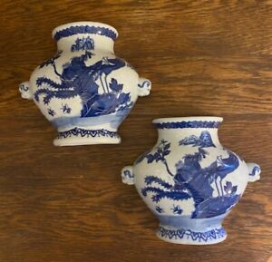 Chinoiserie Blue White Porcelain Antique Hanging Wall Pocket Vases Pair 