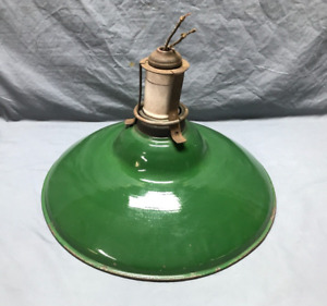 Antique Green Large 18 Gas Station Porcelain Pan Style Light Fixture Old 57 24b