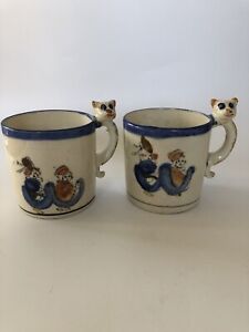 Very Old Hand Painted Children S Cups Cat Handles Japan Children Riding Geese