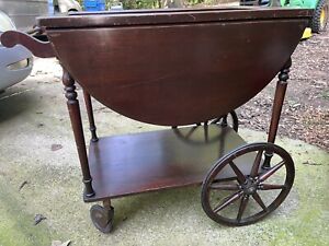 Vintage Drop Leaf Tea Cart Wooden Wagon Wheel Butler S Cart Bar Cart
