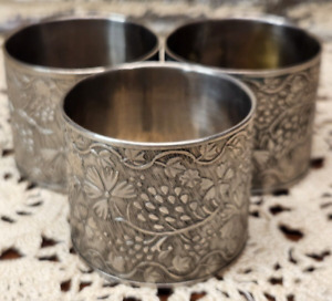 Set Of 3 Beautiful Ornate Engraved Floral Silver Plate Pewter Napkin Rings