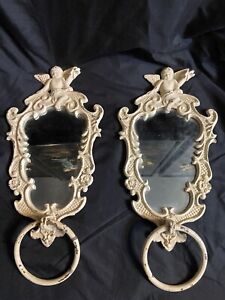 Antique Vintage Pair Of Wall Metal Mirrors Angels Putti Cherubs Victorian Decor