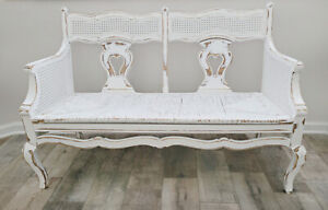 Early 1900 S Rare Country French Provincial Cane Accent And Rush Loveseat Settee