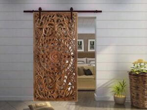 Vintage India Carved Lattice Door Lotus Tranquility Latticed Barn Door Pocket
