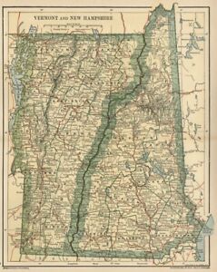 Vermont New Hampshire Map Genuine 1891 Town County Railroads Area Population