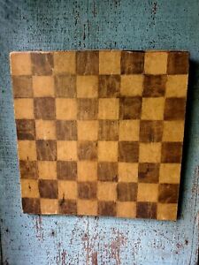 Early Primitive Small Wooden Game Board Original Old Black Paint Checkerboard