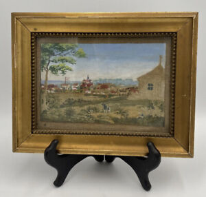 Antique Micro Petit Point Painting Needlepoint Framed Tapestry Denmark 1800s