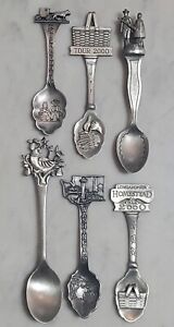  6 Vintage Pewter Souvenir Spoons 6 Embossed Metal Spoons