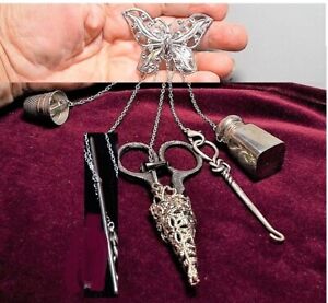 Antique Silver Sewing Chatelaine Butterfly Pin Sheffield Hook Scissors Sheath