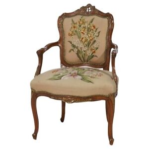 Antique French Rococo Style Parcel Gilt Mahogany Tapestry Bergere Chair C1920