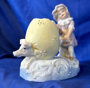 Antique Bisque Pastel Little Girl W Pig Figural W Egg Shaped Toothpick Holder
