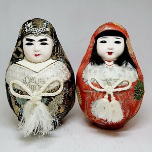 Vintage Japanese Gofun Face Wedding Doll Pair Set In Kimono 7 5 Red And Gray