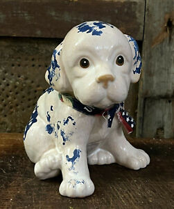 Blue White Spongeware Stoneware Redware Puppy Dog Patriotic Fabric Bow W Stars