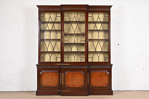 Baker Furniture Georgian Carved Mahogany Breakfront Bookcase Cabinet
