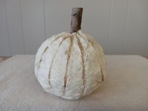 Primitive Shabby Handmade White Pumpkin With Wood Stick Stem Country Farmhouse