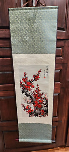 Chinese Hanging Scroll Artwork Red Flowers 40 X 12 